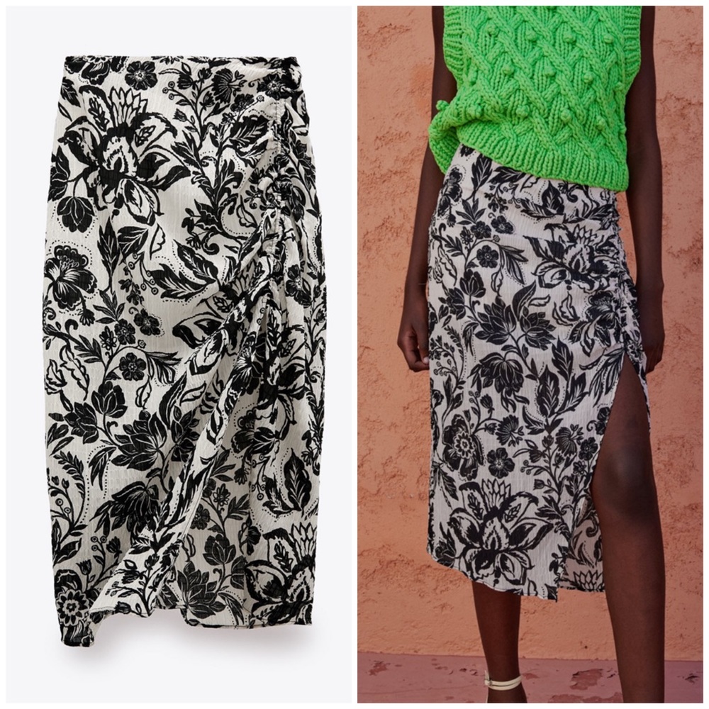 Zara draped printed black cream skirt small NWT